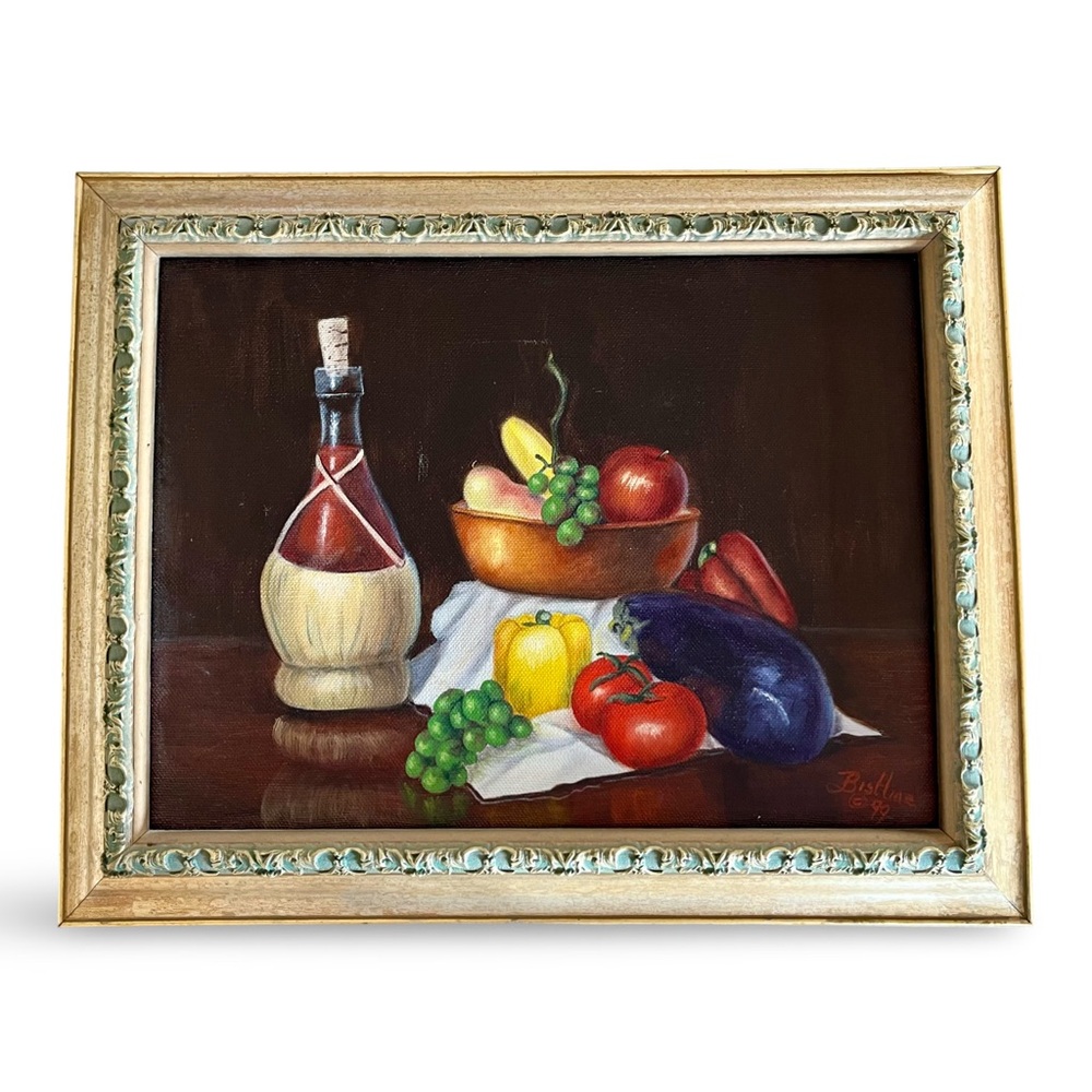 Original Oil Painting on Canvas Still Life Fruit Vegetables w/ Wine Kitchen Art
